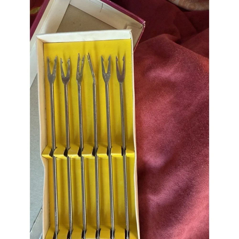 Vintage MCM 6 Piece Colored Ends Fondue  6pc‎ Fork Set Original Box